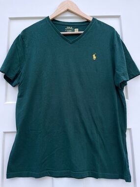 Polo by Ralph Lauren V-Neck T-Shirt in Dark Green with Yellow Pony